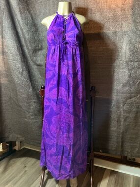 Vintage 70’s Hawaiian Otaheiti Purple Halter Maxi Dress with Lace-Up Front